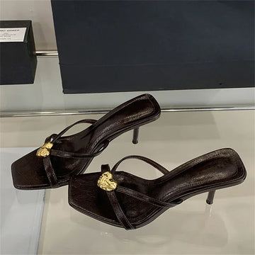 xajzpa Summer Fashion Square Toe Women Slippers Narrow Band Sandals Thin Low Heels Party Female Slide Shoes Zapatos De Mujer